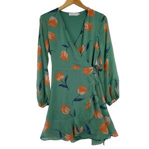 All In Favor Wrap Mini Dress Womens S Green Floral Long Sleeve Feminine Flirty